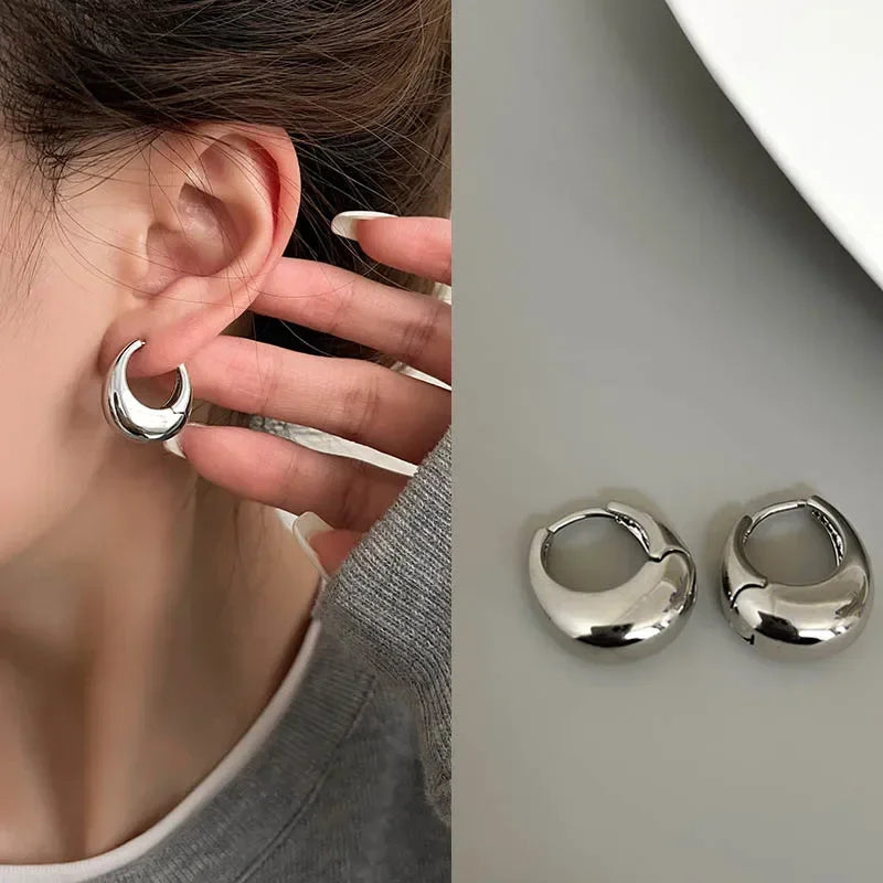 Stainless Steel Smooth Metal Chunky Hoop Earrings 