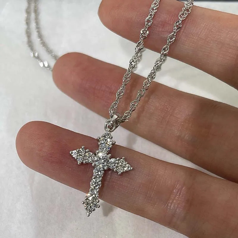 Shiny Crystal  Cross Pendant Necklace 