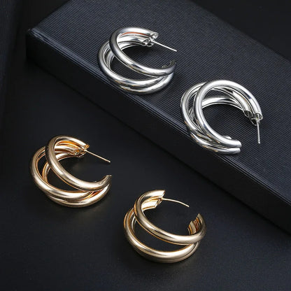 Stainless Steel Smooth Metal Chunky Hoop Earrings 