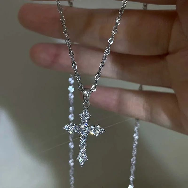 Shiny Crystal  Cross Pendant Necklace 