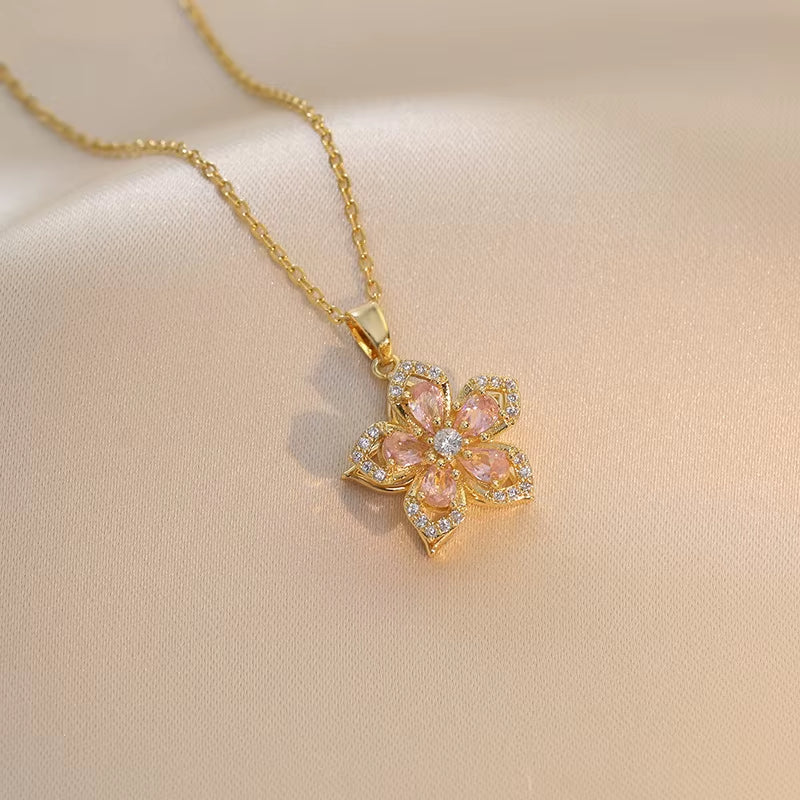Light Luxury Spin Zircon Flower Pendant Necklace for Women Gold Color Quality High Sense Chain Necklaces Party Jewelry Gifts